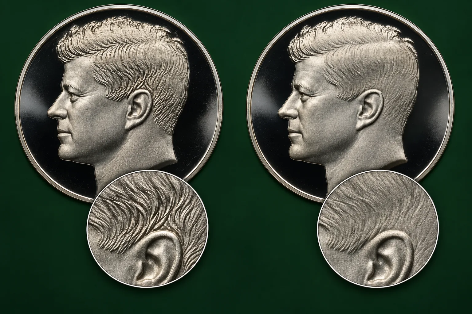 AI concept comparing stronger and softer hair detail above Kennedy’s ear