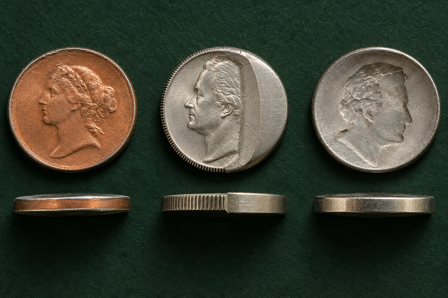 AI illustration of missing clad layer, partial collar edge, and brockage on silver-color coins