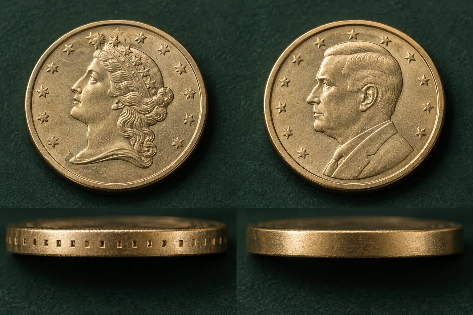 AI illustration comparing lettered and blank edges on fictional dollar coins