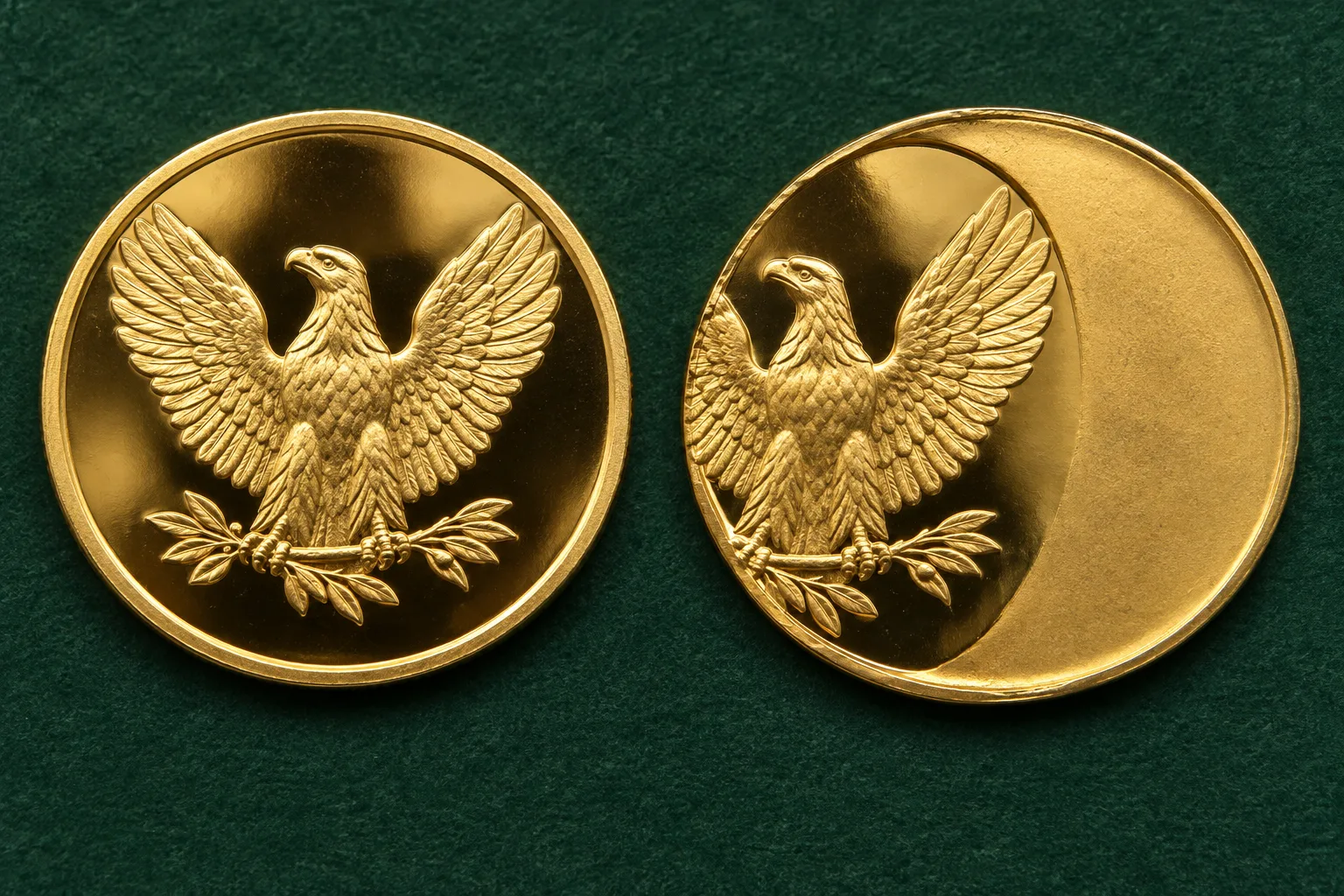 AI illustration comparing centered and off-center strikes on fictional gold coins