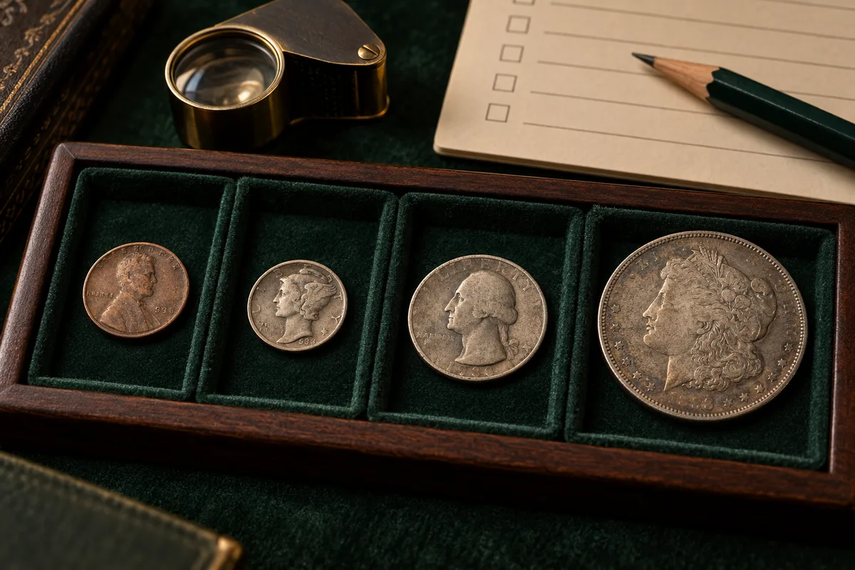 Conceptual cent, dime, quarter, and dollar arranged for inspection
