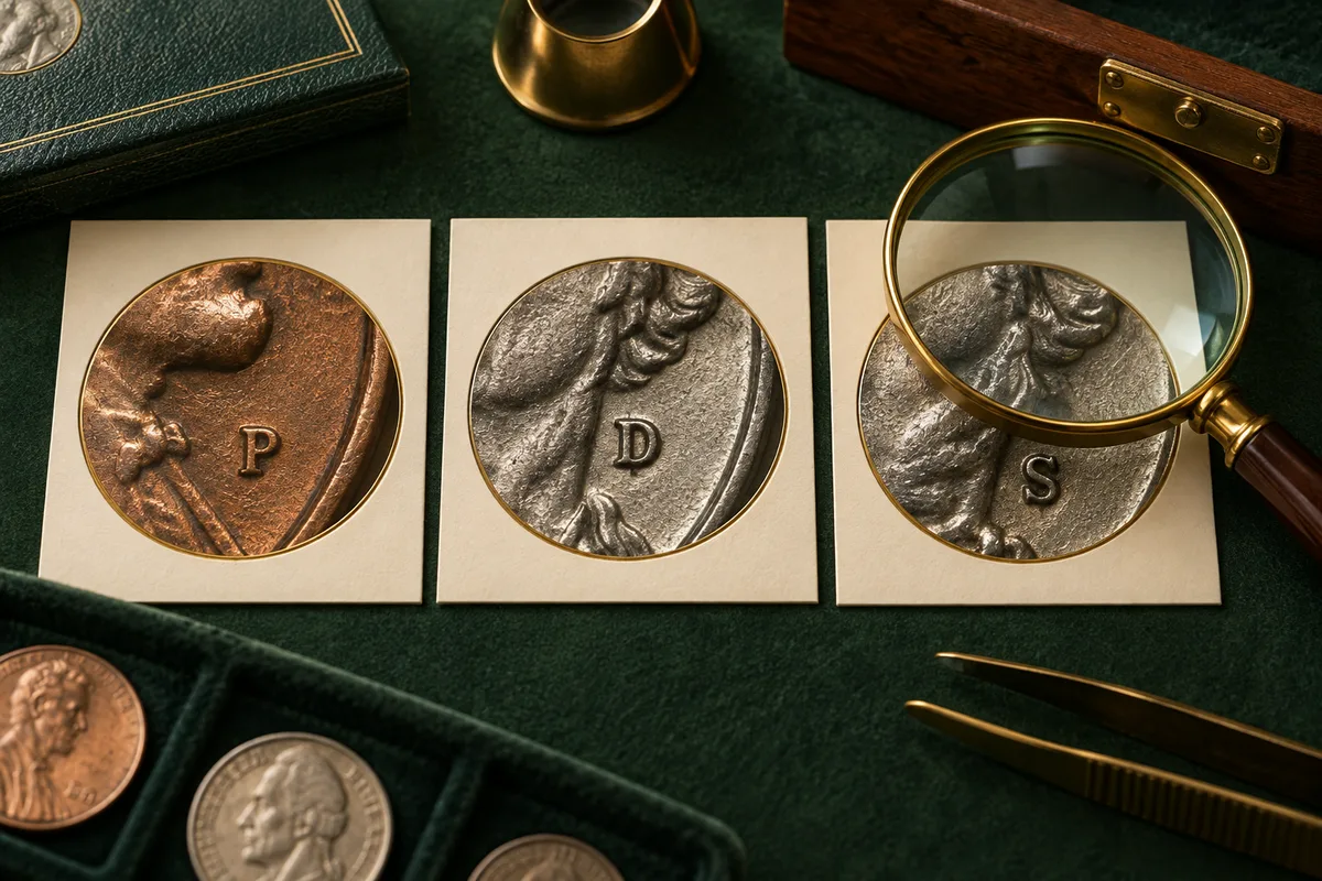 Conceptual close-ups of P, D, and S mint marks under a magnifier