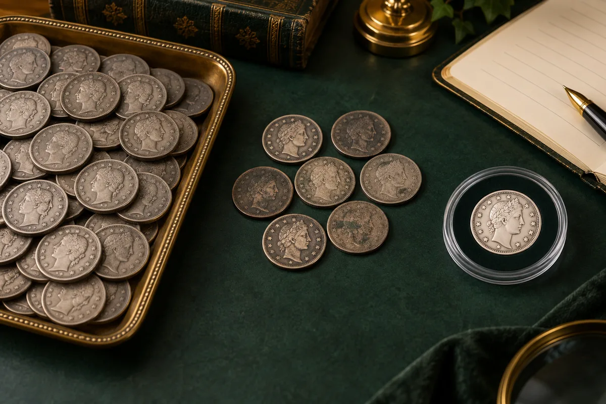 Conceptual coin trays showing many circulated coins and one protected example