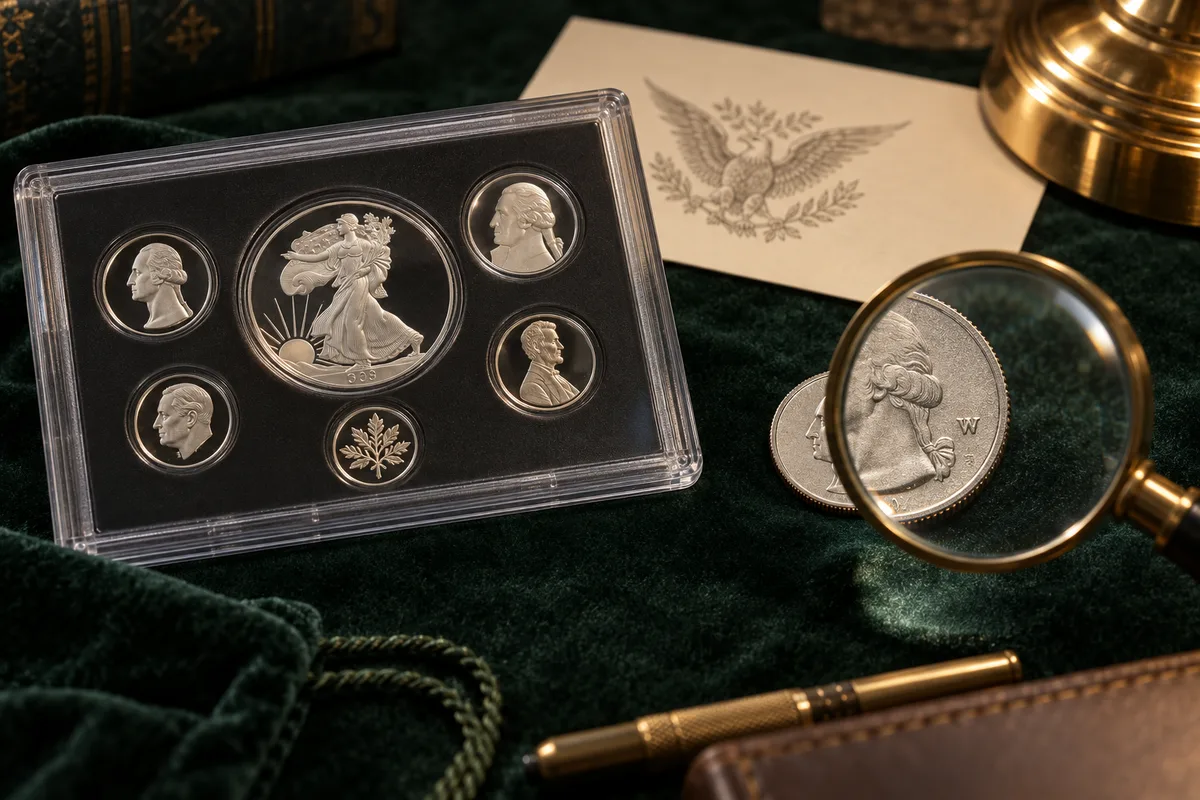 Conceptual proof set and a separate quarter under a magnifier