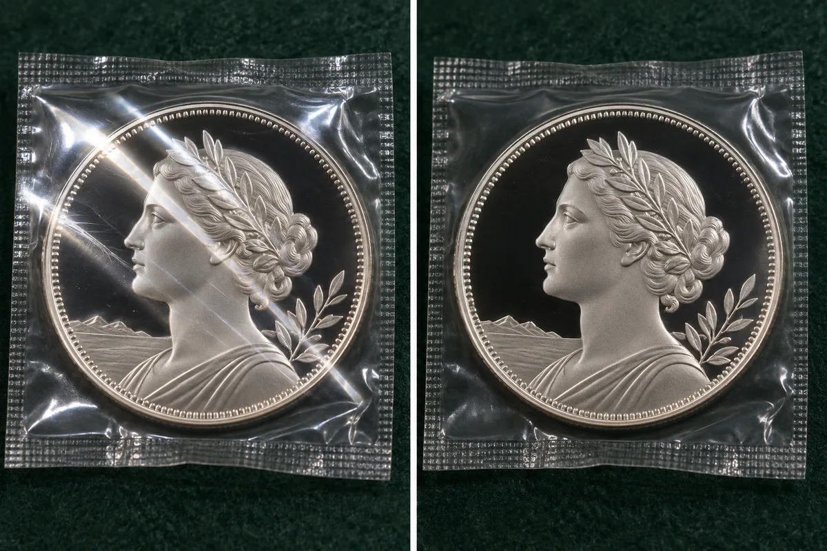 The same sealed proof coin under two lighting angles