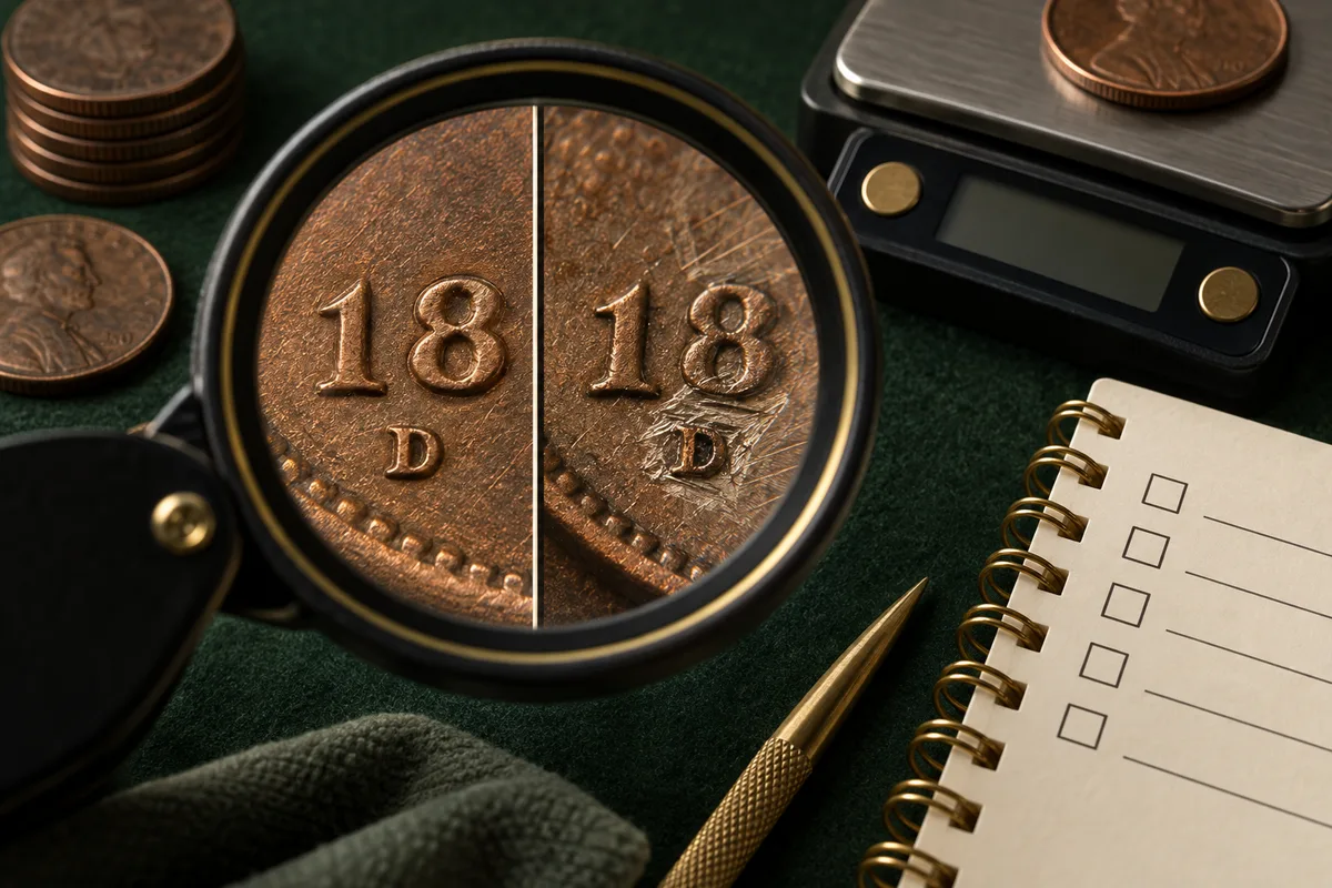 Conceptual comparison of undisturbed and scratched mintmark areas with inspection tools