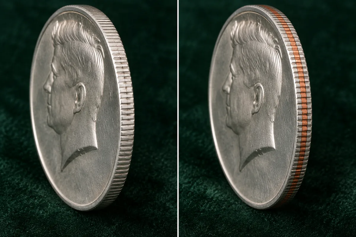 Continuous silver-color edge beside a copper-core clad edge