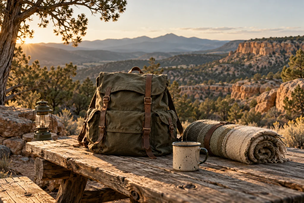 Representative high-desert campsite with a canvas pack, enamel mug and wool blanket