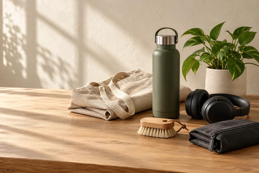 Representative still life of useful home, travel and everyday accessories in warm natural light