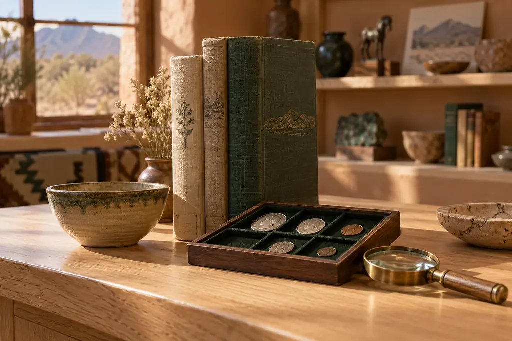 Representative still life of coins, vintage books, and a brass magnifier on a sunlit Silver City shop counter