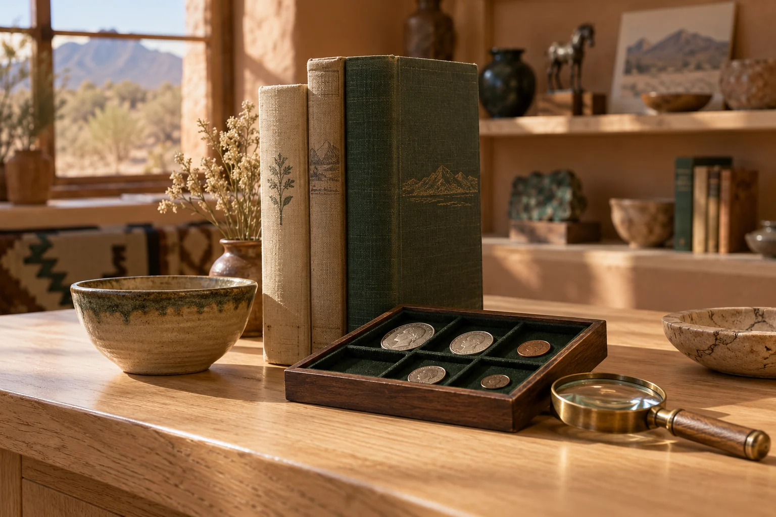 Representative still life of coins, vintage books, and a brass magnifier on a sunlit Silver City shop counter