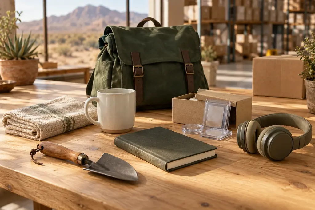 Representative still life of outdoor gear, homewares, collecting supplies, and everyday accessories on a sunlit table