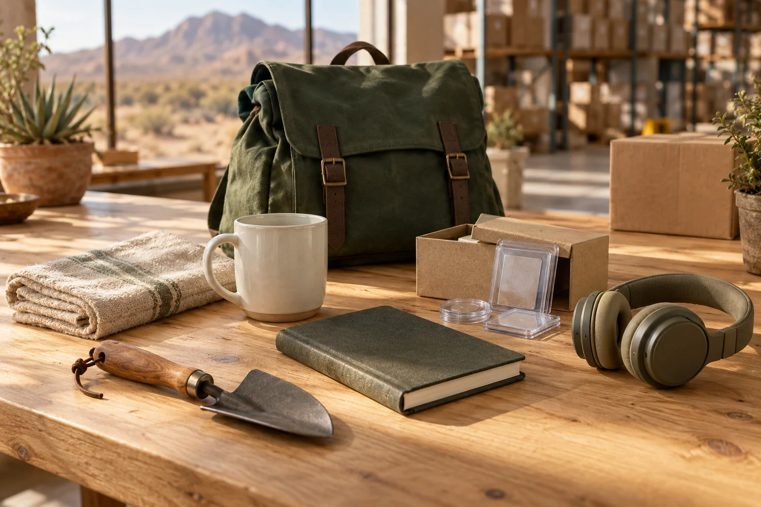 Representative still life of outdoor gear, homewares, collecting supplies, and everyday accessories on a sunlit table