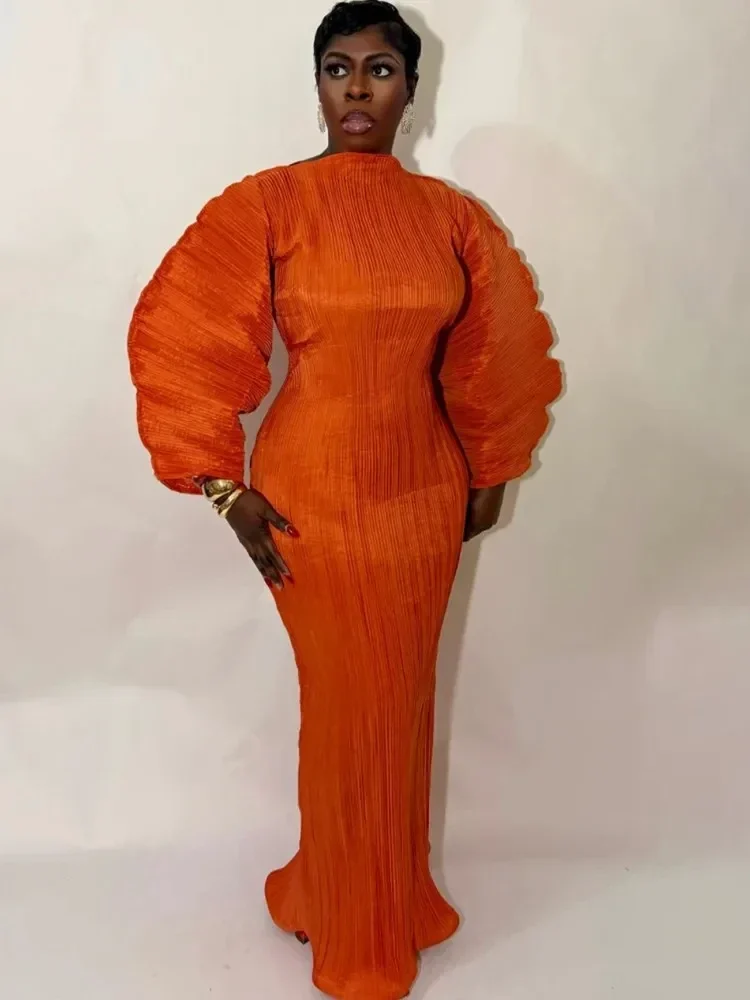 Pleated maxi dress with oversized puff sleeves, one size — representative supplier photograph