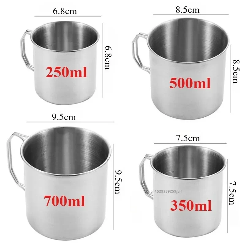 Stainless steel camping mug with folding handles, 250 to 700 ml — representative supplier photograph