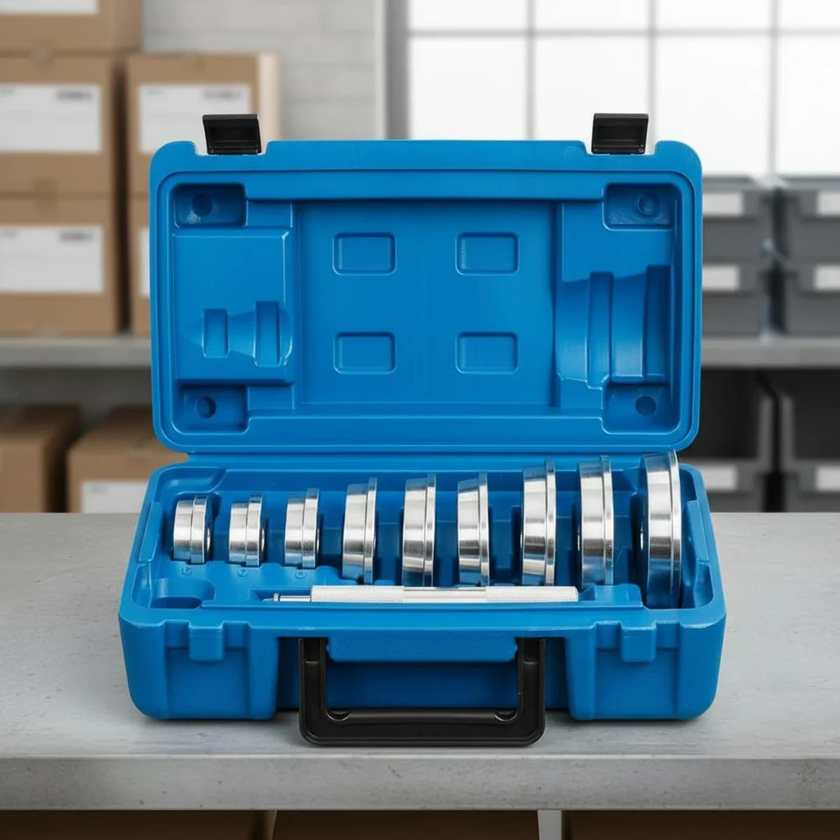 Bearing race and seal driver set in case, aluminium, with handle — representative supplier photograph