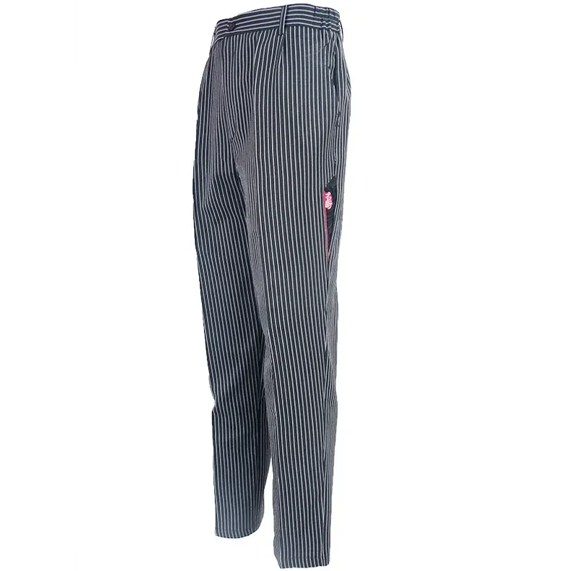 Chef work pants with elastic side waist, dark pinstripe, M to 5XL — representative supplier photograph