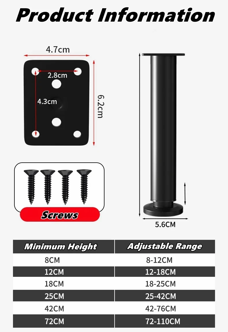 Adjustable metal support legs for beds and sofas, 8 cm to 110 cm — representative supplier photograph