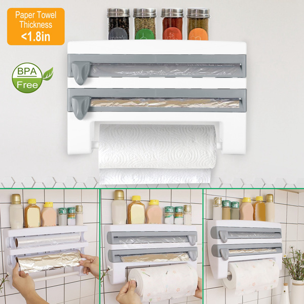 Magnetic Plastic Cling Film Dispenser With Cutter, Refillable Aluminum Foil And Plastic Cling Film Storage Box For Kitchen — Grey