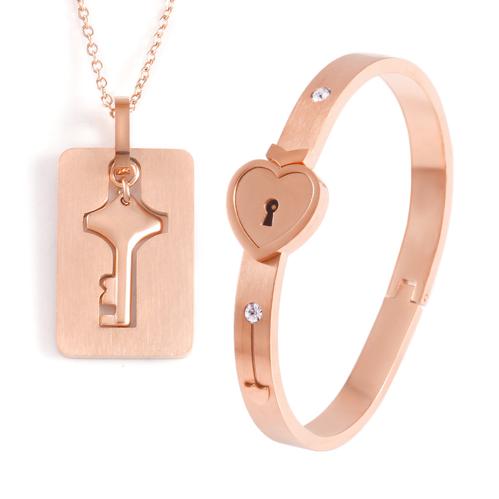 Men And Women Couple Love Lock Alloy Bracelet — Rose Gold
