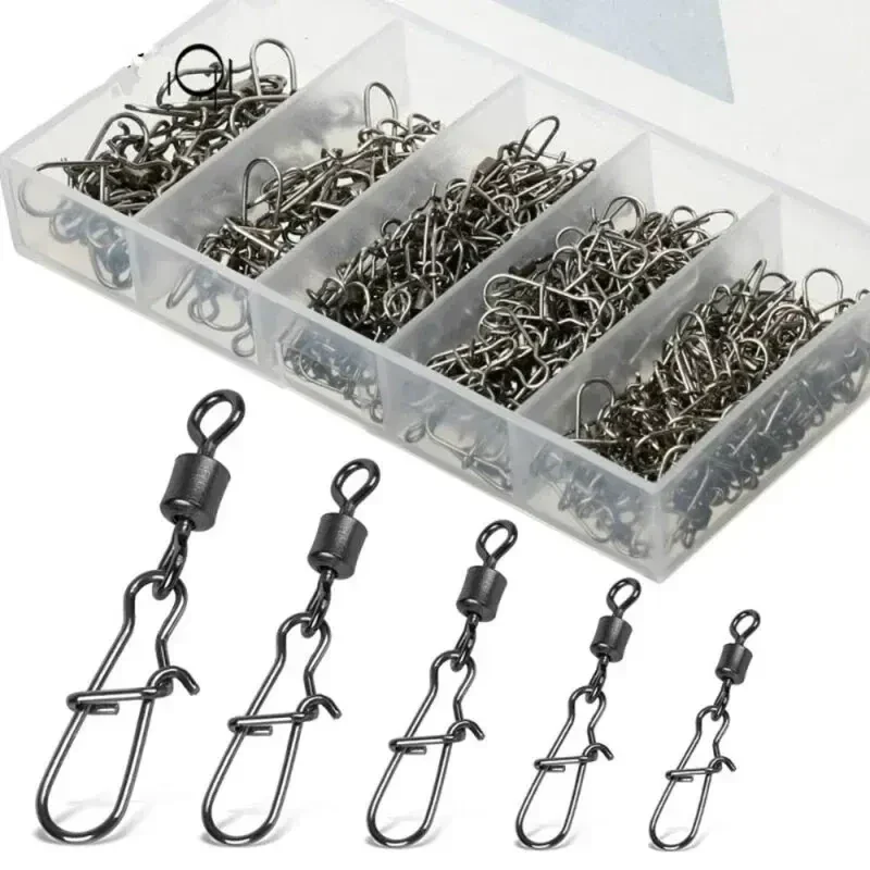 Stainless rolling swivels with snaps, 5 sizes, box of 50 — representative supplier photograph