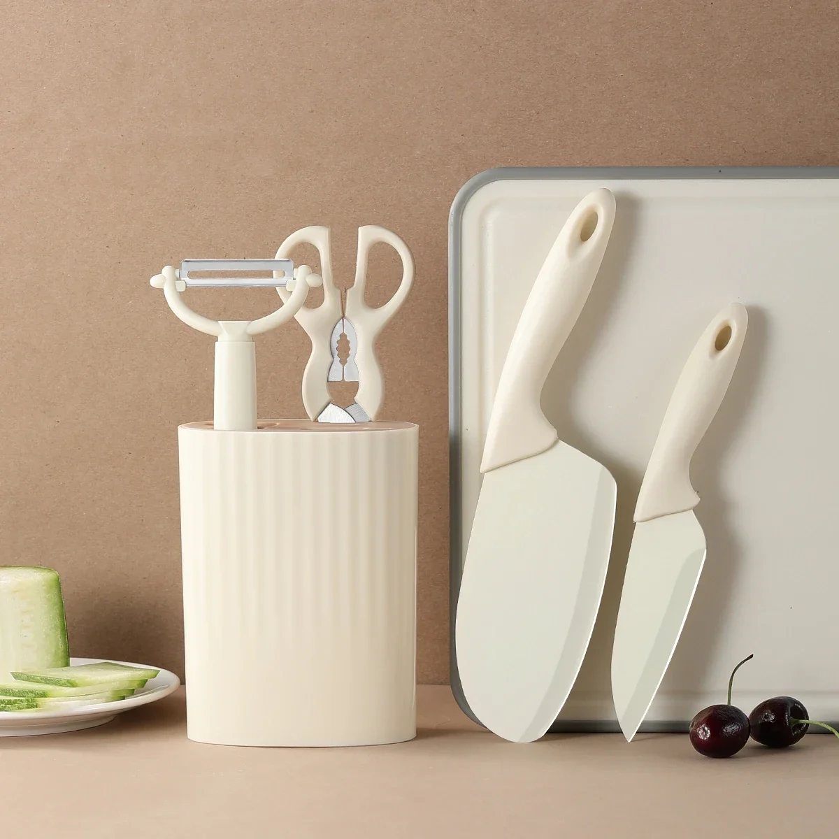 Five-piece kitchen knife set with block, scissors and peeler — representative supplier photograph