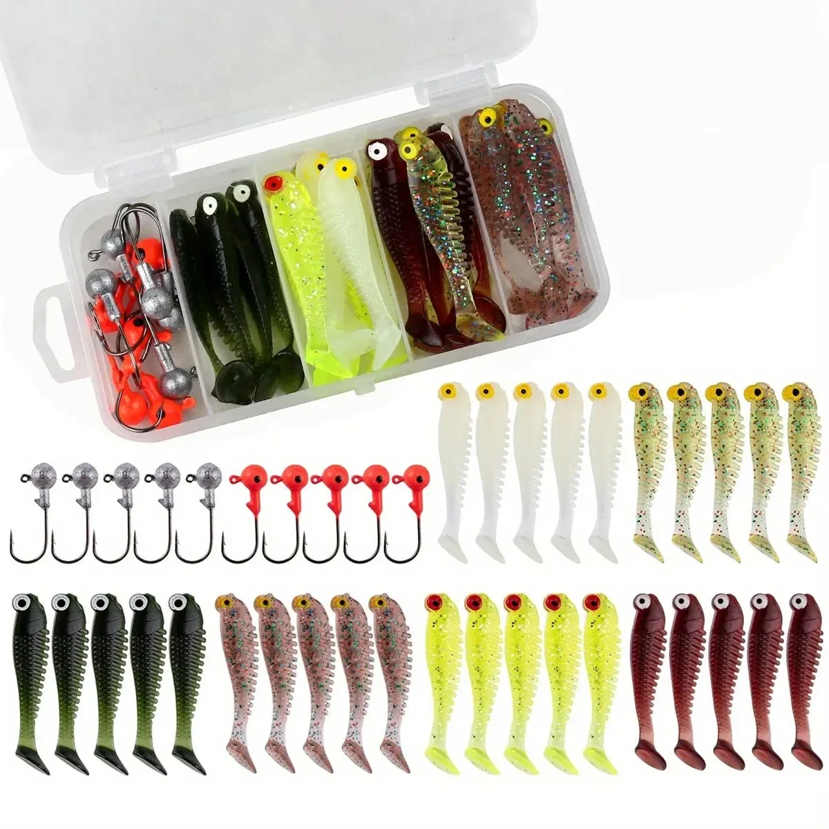 Soft paddle-tail lure kit with jig heads, 40 pieces in a box — representative supplier photograph