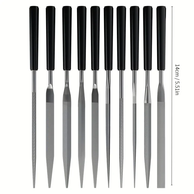 Needle file set, 10 assorted shapes, 14 cm — representative supplier photograph