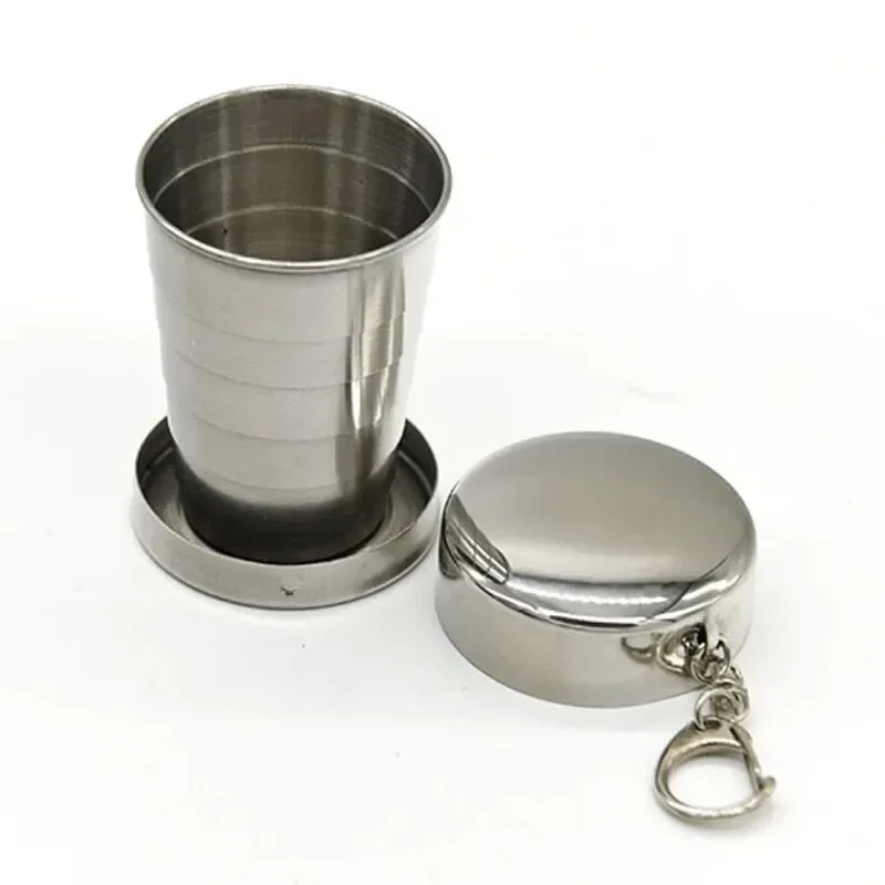 Collapsible stainless steel camping cup with lid and key ring — representative supplier photograph