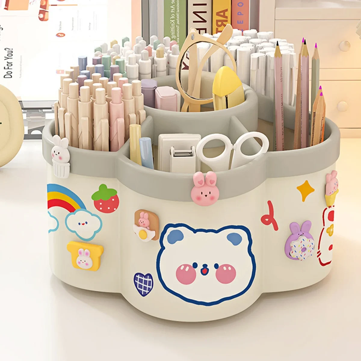 Rotating desk organiser with stickers, 5 sections