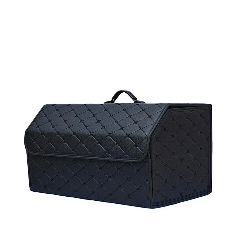 Folding quilted trunk organizer box with lid, black faux leather, 3 sizes — representative supplier photograph