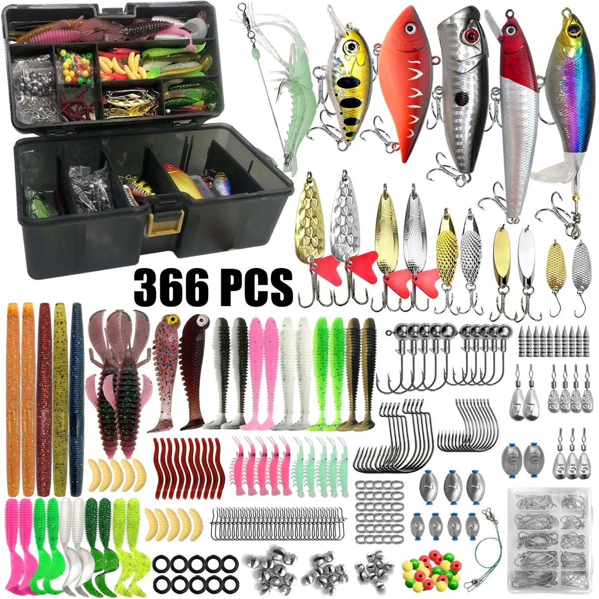 Fishing lure assortment in a tackle box, 86 to 366 pieces