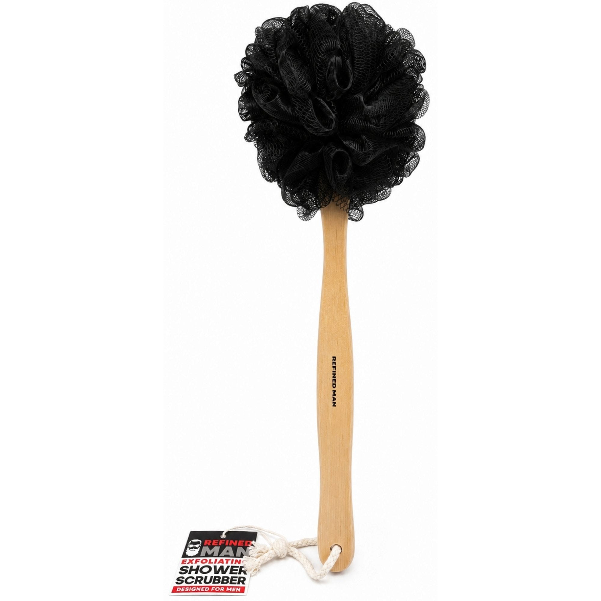 Bulk 12-Pack: Refined Man Black Exfoliating Shower Scrubber with Wooden Handle