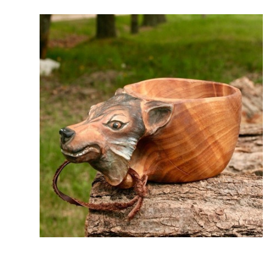 Hand Carved Cup Scandinavian Kuksa Wooden Mug Camping Gear Coffee Cup Kuksa Guksi Kuksa Wild Boar Cups Christmas — Wolf Painting