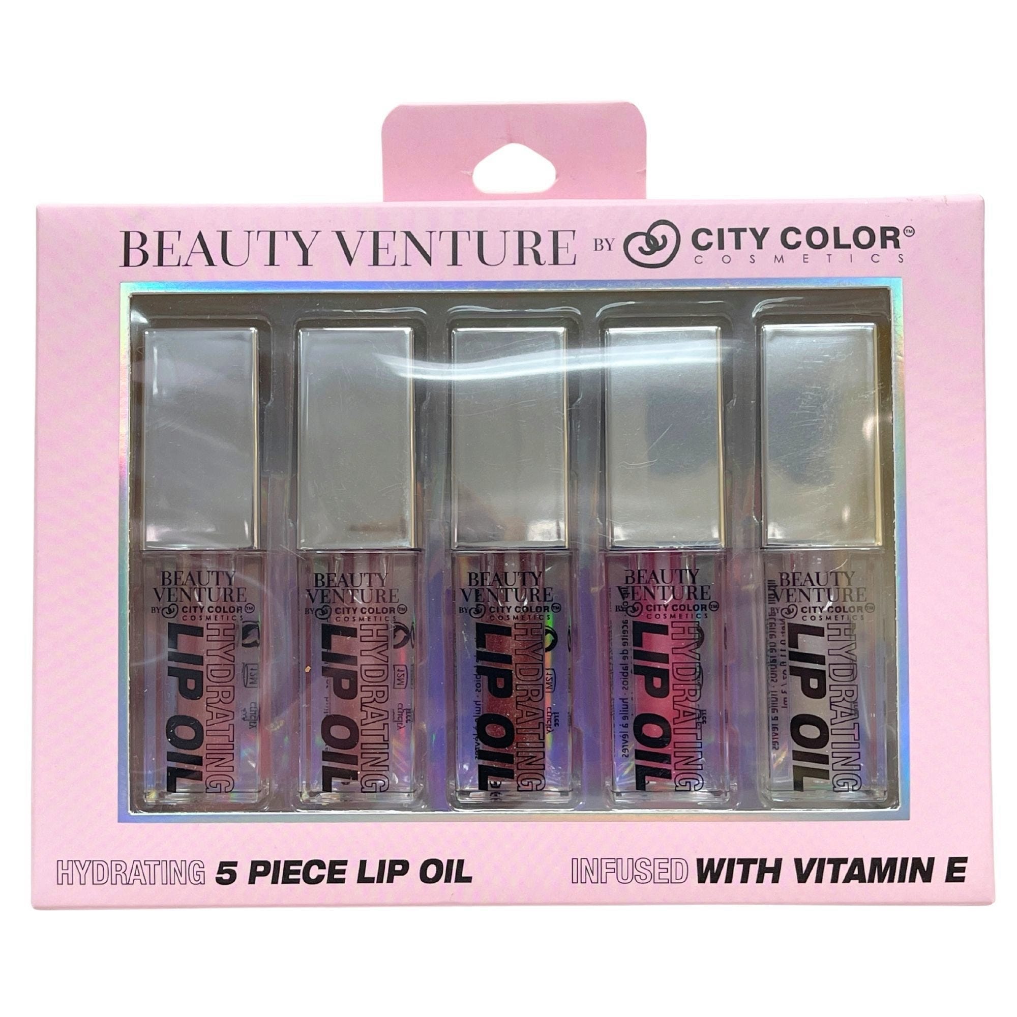Bulk 12-Pack: Beauty Venture 5 Piece Lip Oil Set Infused with Vitamin E in Metallic Tones