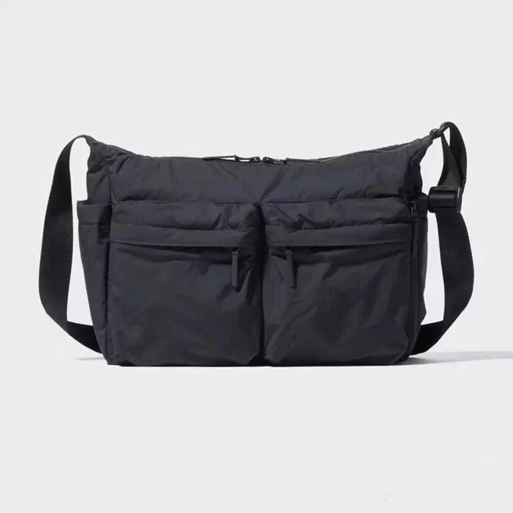 Padded nylon messenger bag with two front pockets, black