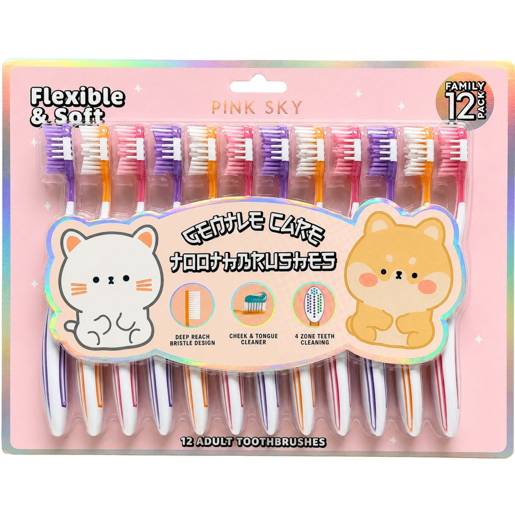 Bulk 12-Pack: PINK SKY 12 Pack Critters Flexible & Soft Adult Toothbrushes