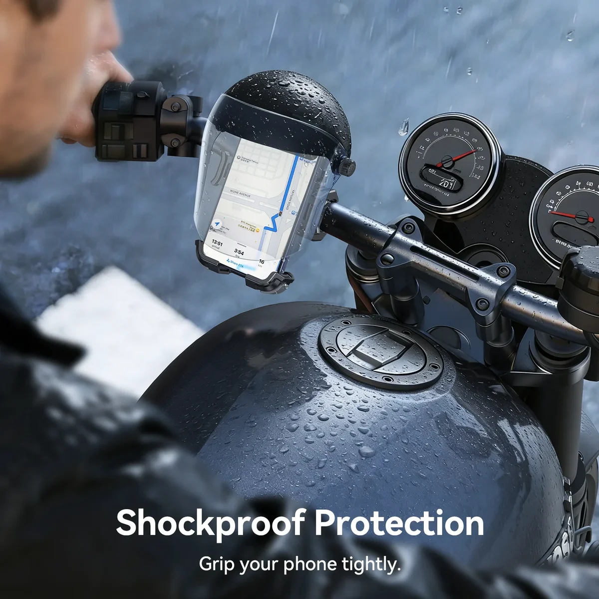 Motorcycle phone mount with sunshade visor, quick release — representative supplier photograph