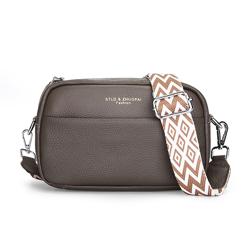 Fashion Simple Shoulder Messenger Bag Top Layer Cowhide Small Square Bag — Gray