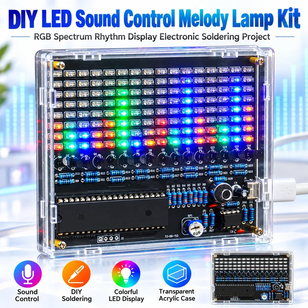 Sound-reactive LED spectrum soldering practice kit — representative supplier photograph