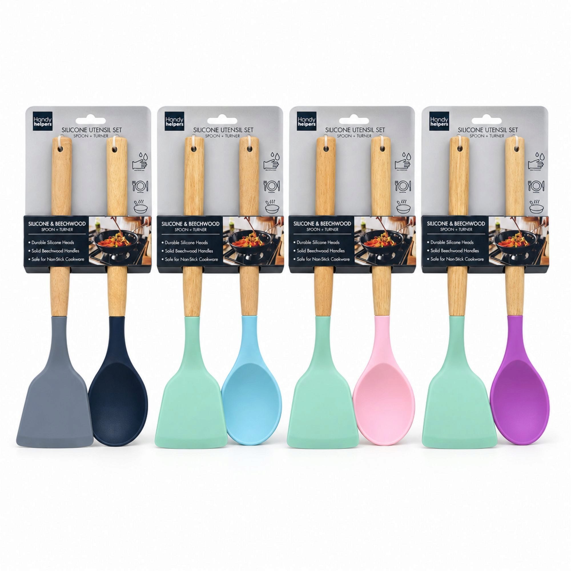 Bulk 15-Pack: 2 Piece Silicone Kitchen Utensil Set with Wood Handles Spoon and Turner