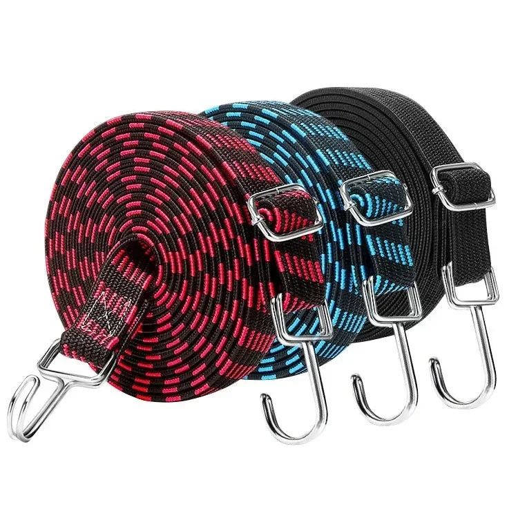 Flat elastic luggage straps with steel hooks for motorcycle racks, 1, 3 or 5 — representative supplier photograph