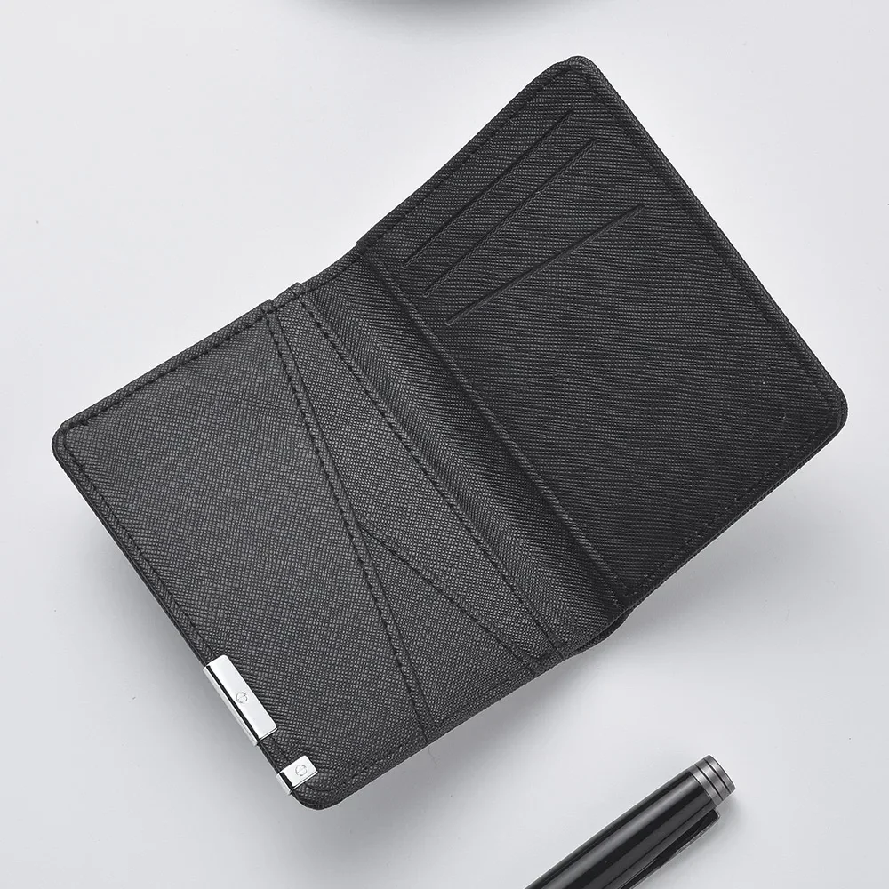 Slim bifold card wallet with metal corner, textured faux leather — representative supplier photograph