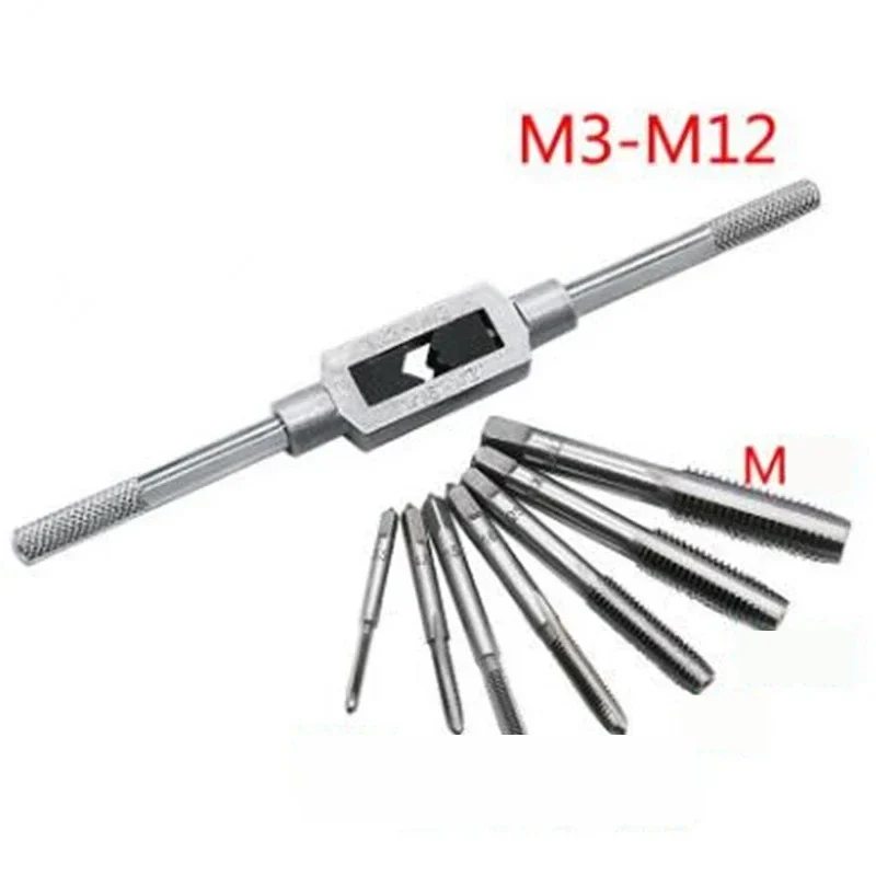 Ratchet tap wrench with M3 to M12 taps — representative supplier photograph
