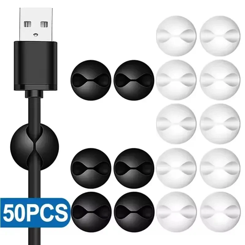 Round adhesive cable clips, black or white, 5 to 50 pack — representative supplier photograph