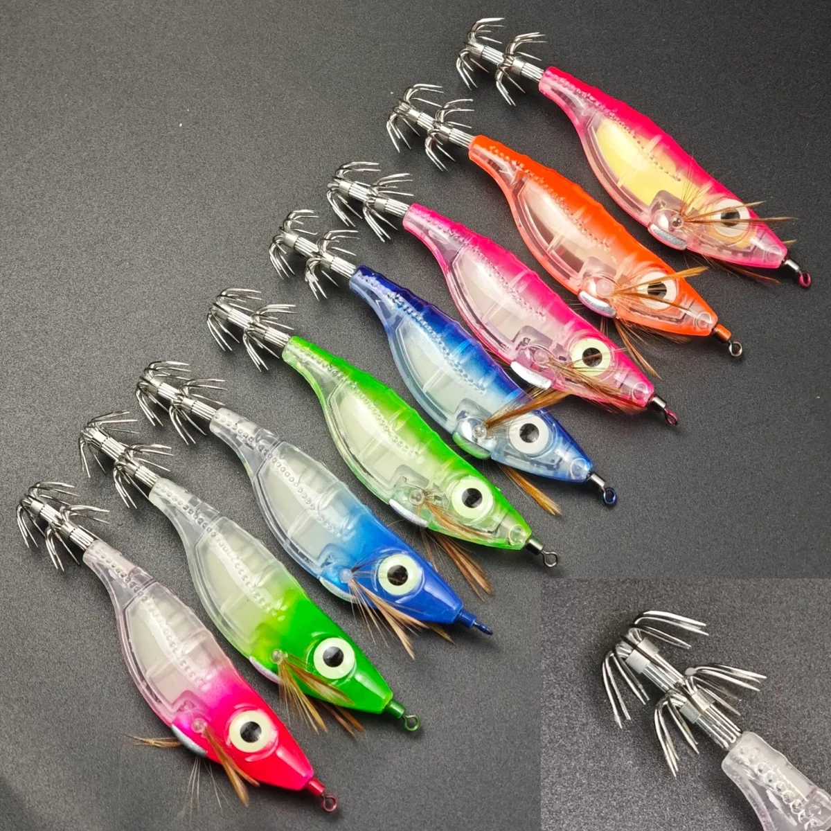 Glow squid jigs, 10 cm, set of 8 — representative supplier photograph