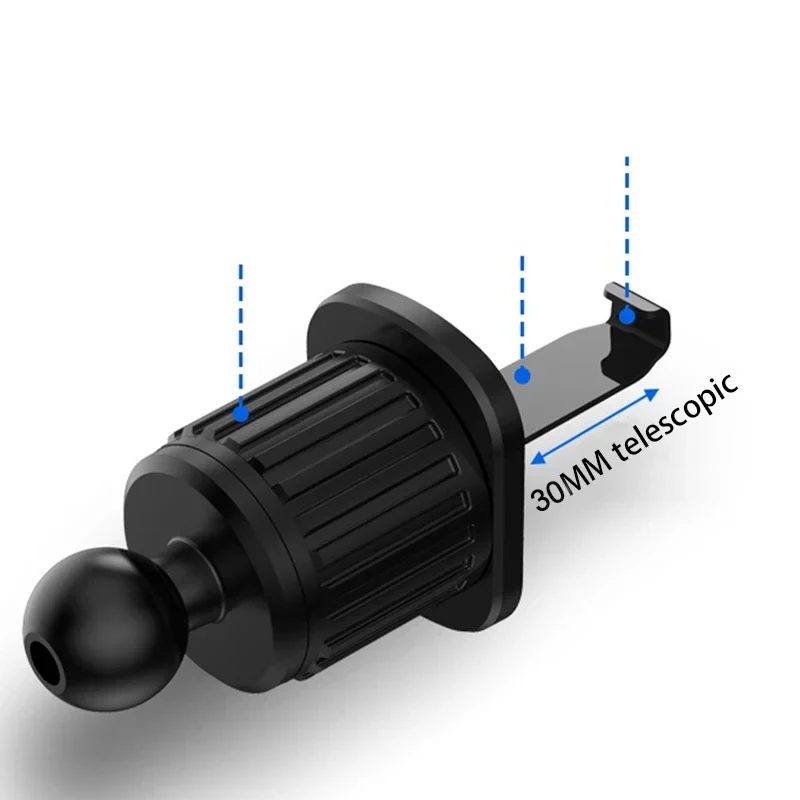 Car air-vent clip with 17 mm ball mount for phone holders, short or long — representative supplier photograph