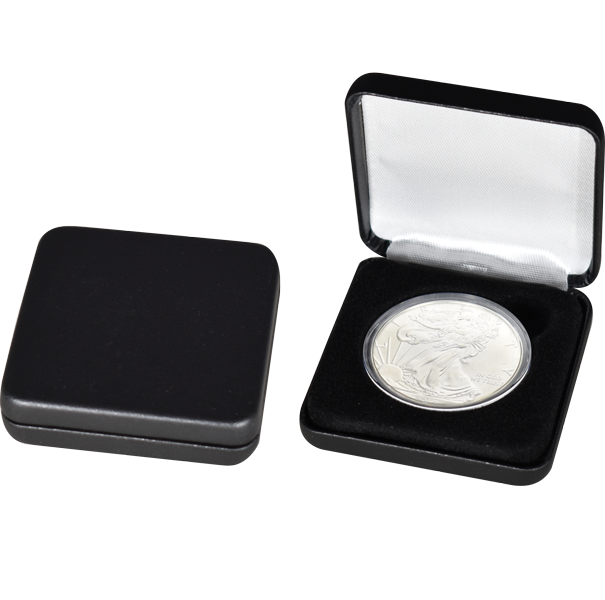 Slim Line Coin Capsule Box - L Capsule - Black Leatherette | No Rim