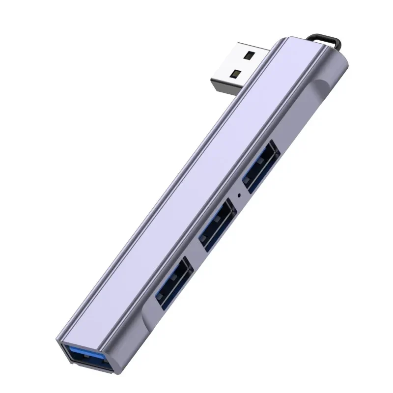 Slim 4-port USB hub in aluminium, USB-A or USB-C plug — representative supplier photograph