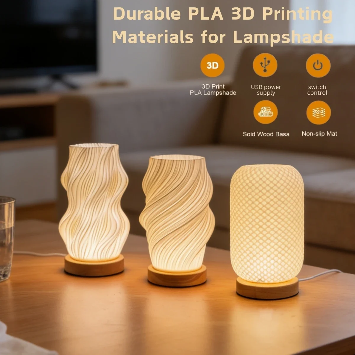 USB desk lamp with sculpted white shade, three light tones — representative supplier photograph